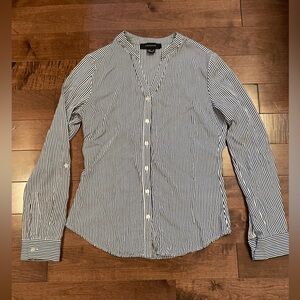 Atmosphere Women's Navy and White Striped Button Down Shirt